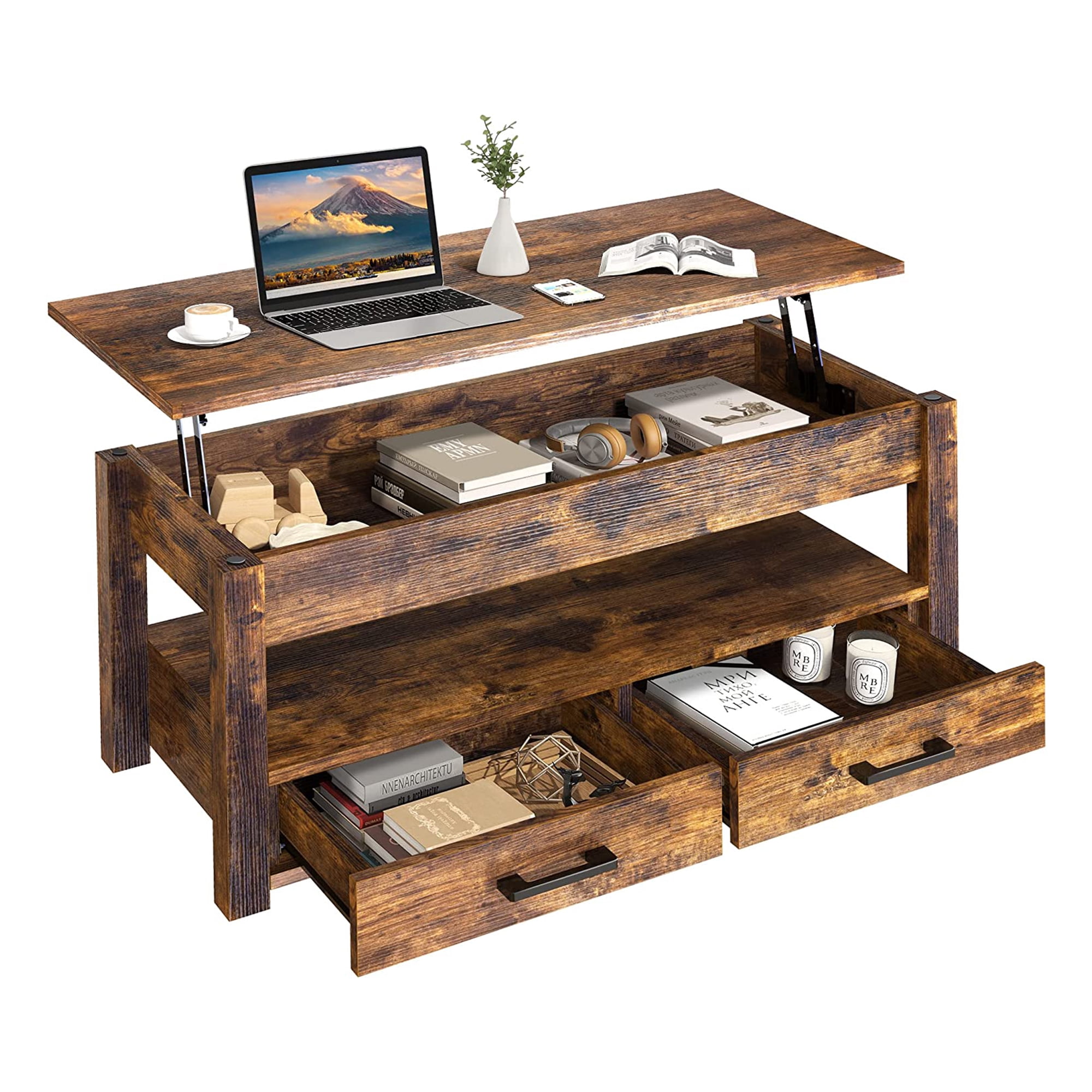 FABATO 23 In Lift Top Rustic Open Storage Coffee Table w/ 2 Drawers ...