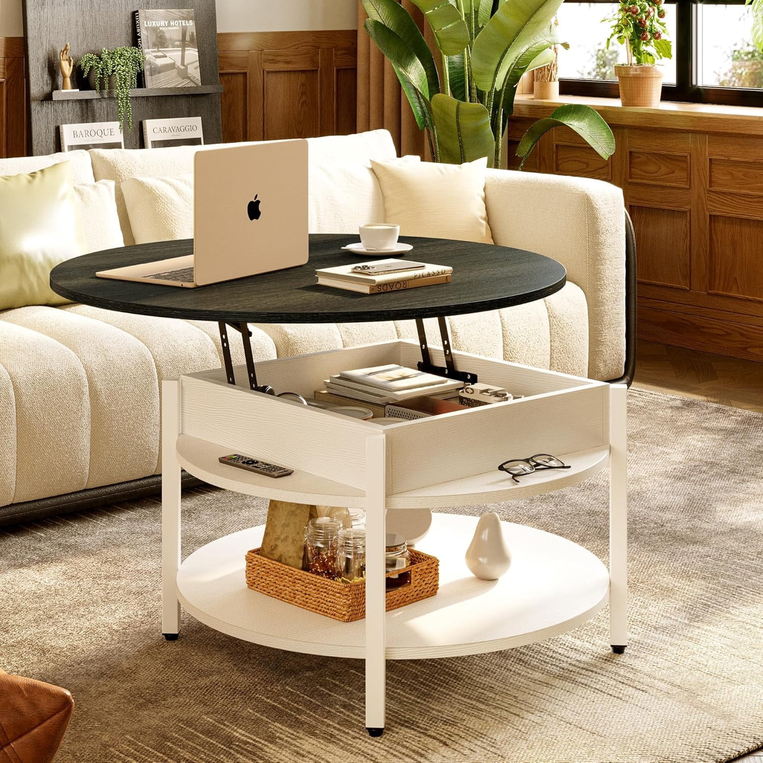 FABATO 35.43”Round Lift-Top Coffee Table Large Storage with Hidden ...