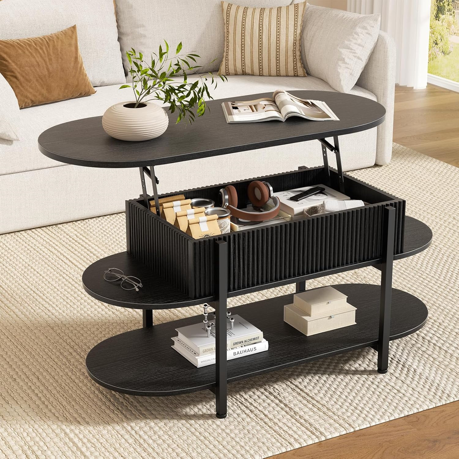 FABATO 41.7" Oval Lift Top Coffee Table, Fluted Wood Center Table with ...