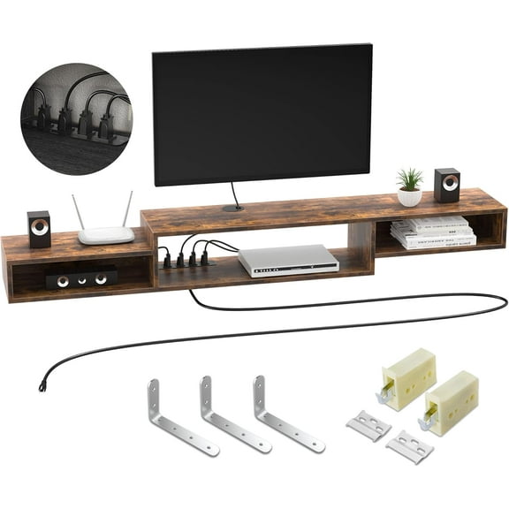 FABATO 71" Floating TV Stand with Power Outlet Wall Mounted Media Console Cabinet Shelf Under TV for Cable Box Audio Video Rustic Brown