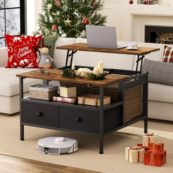 FABATO Lift Top Coffee Table, Square Coffee Table Metal Wood, Farmhouse Lift Up Coffee Table Cocktail Table with Wire Mesh Barn Door and Storage, Steel Frame, Small Tea Table for Living Room, Black