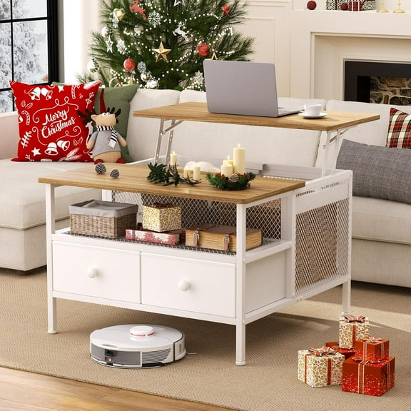 FABATO Lift Top Coffee Table, Square Coffee Table Metal Wood, Farmhouse Lift Up Coffee Table Cocktail Table with Wire Mesh Barn Door and Storage, Steel Frame, Small Tea Table for Living Room, White