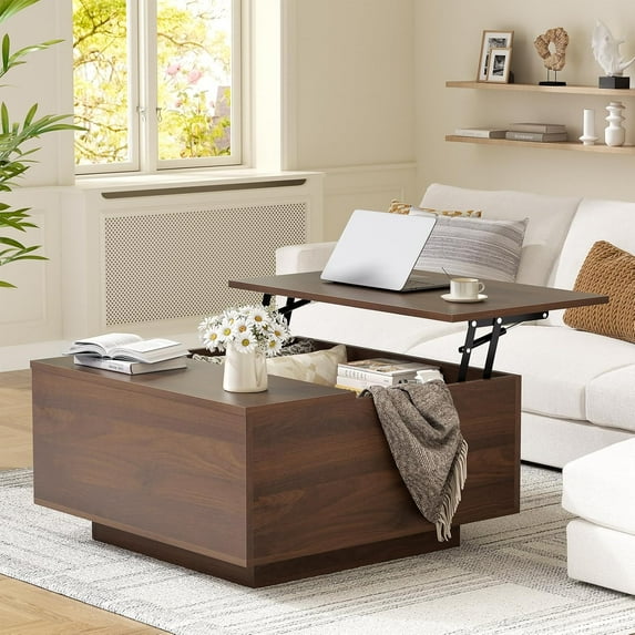 FABATO Lift Top Coffee Table, Wood Square Coffee Table with Storage, Farmhouse Coffee Tables with Hidden Storage Compartment, Center Table with Lifting Tabletop for Living Room, Home Office, Walnut