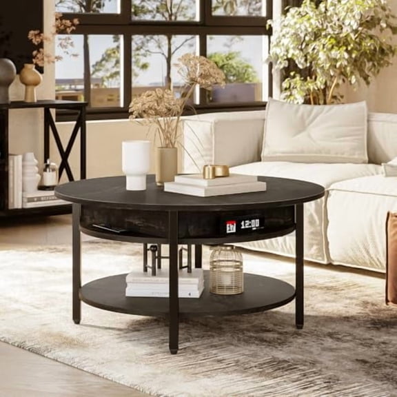 FABATO Round Lift Top Coffee Table with Storage and Hidden Compartment, 26.77'' Farmhouse Coffee Table for Living Room Reception Room, 2 Tier Small Round Coffee Table Circle Dining