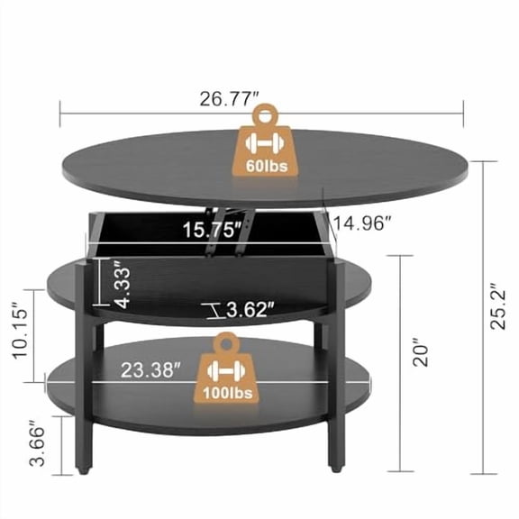FABATO Round Lift Top Coffee Table with Storage and Hidden Compartment, 26.77'' Farmhouse Coffee Table for Living Room Reception Room, 2 Tier Small Round Coffee Table Circle Dining