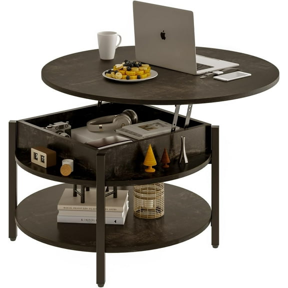 FABATO Round Lift Top Coffee Table with Storage and Hidden Compartment, 26.77'' Farmhouse Coffee Table for Living Room Reception Room, 2 Tier Small Round Coffee Table Circle Dining Table, Black Oak