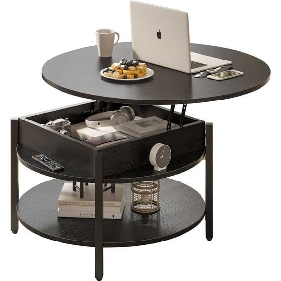 FABATO Round Lift Top Coffee Table with Storage and Hidden Compartment, 26.77'' Farmhouse Coffee Table for Living Room Reception Room, 2 Tier Small Round Coffee Table Circle Dining Table, Black
