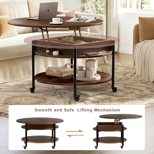FABATO Round Lift Top Coffee Table With Wheels, 26.77'' Rolling Center ...