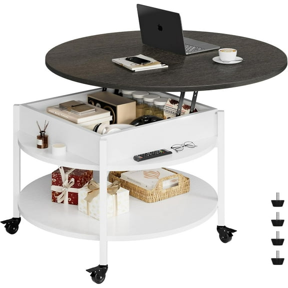 FABATO Round Lift Top Coffee Table with Wheels, Circle Center Table with Storage and Compartment, 26.77’’ Rolling Coffee Tables for Living Room, 2 Tier Small Coffee Table Circle Dining Table, White
