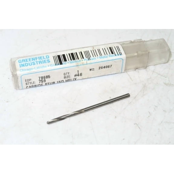 FABLE- 1 New Greenfield #46 Solid Carbide 15D Helix 135[Deg] Stub Drill Bits Usa 78685