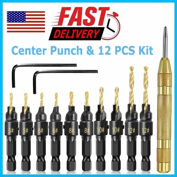 FABLE- 13Pcs Drill Countersink Center Punch Bit Screw Set Wood Hole Woodworking Tools