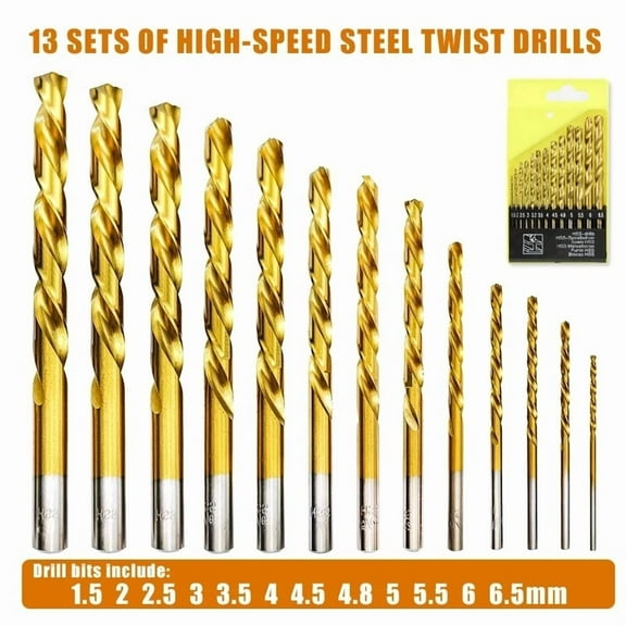 FABLE- 13Pcs Hss Titanium Coated Twist Drill Bit Set 1.5-6.5Mm Hex Shank For Wood Metal