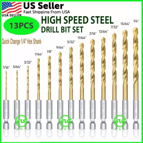 FABLE- 13Pcs Hss Twist Drill Bit Set Metal Titanium 1/4" Hex Shank Kit Quick Release Us