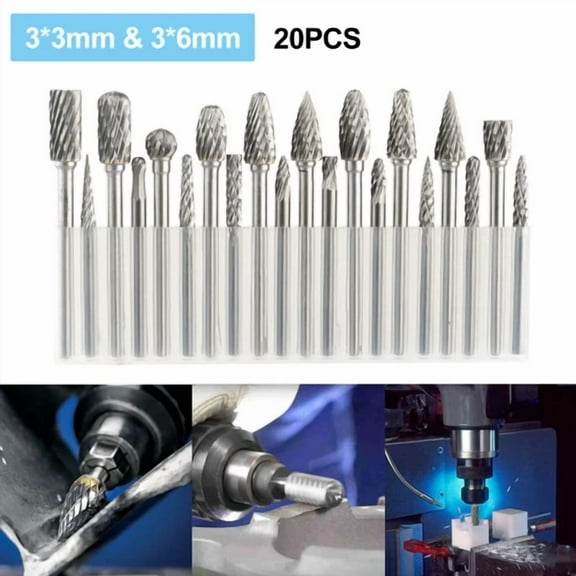FABLE- 20Pc 1/8" Tungsten Carbide Rotary Drill Bits Burr Die Grinder Shank Carving Set