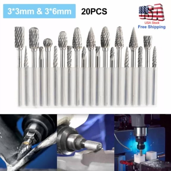FABLE- 20X 1/8"In Tungsten Carbide Rotary Drill Bits Burr Die Grinder Shank Carving Set