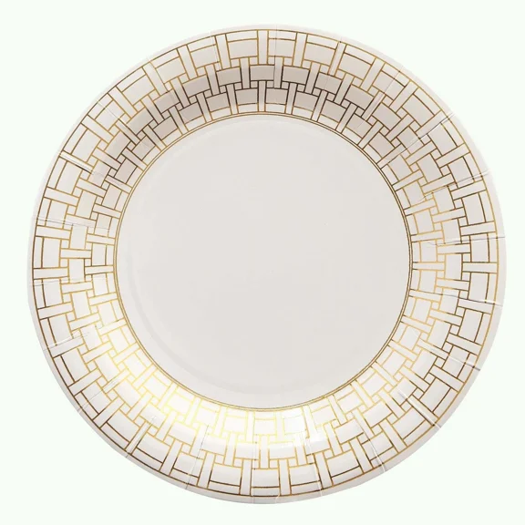 FABLE- 25 White 7" Paper Plates Gold Basketweave Design Rim Party Events Home Tableware