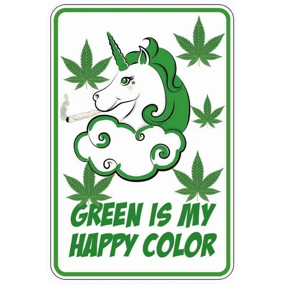FABLE- Green Is My Happy Color Unicorn Sign Metal Funny Man Cave House Decor B1385