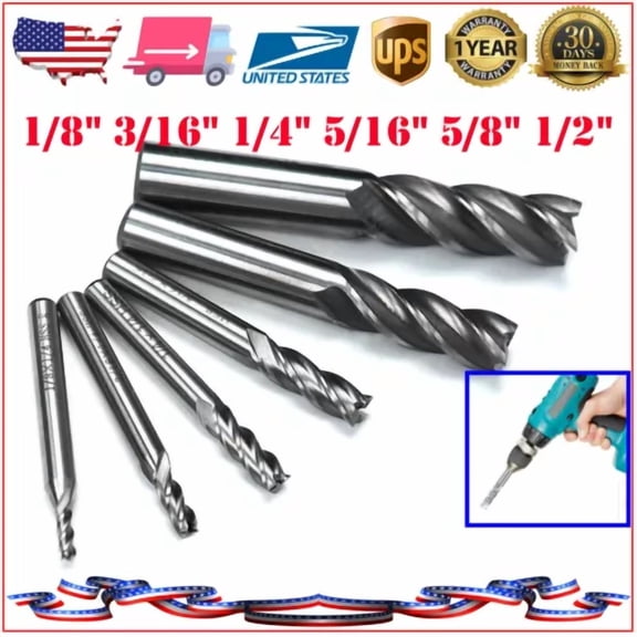 FABLE- Hss End Mill Cutter Set Drill Bit Straight Shank 1/8" 3/16" 1/4" 5/16" 5/8" 1/2"