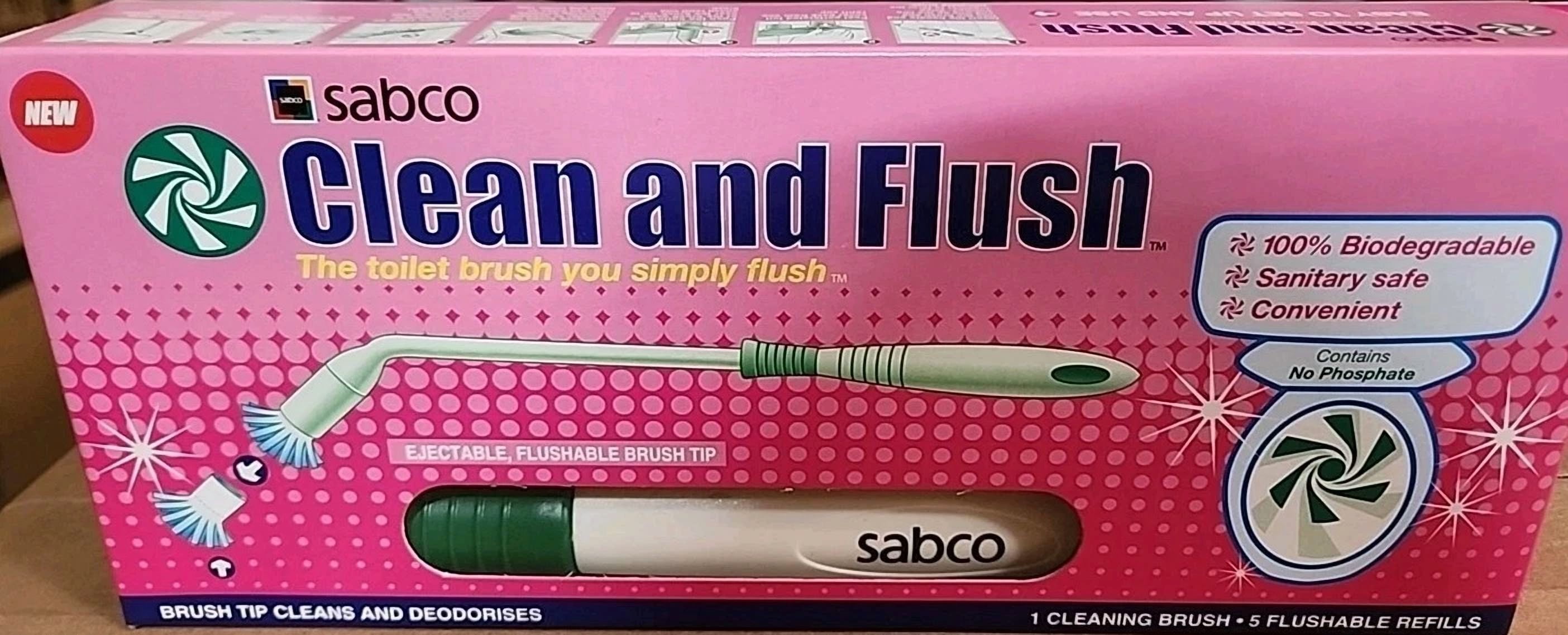 FABLE- Sabco Clean And Flush Toilet Brush W/ 5 Refills Sanitary Safe Deoderizer Scrub
