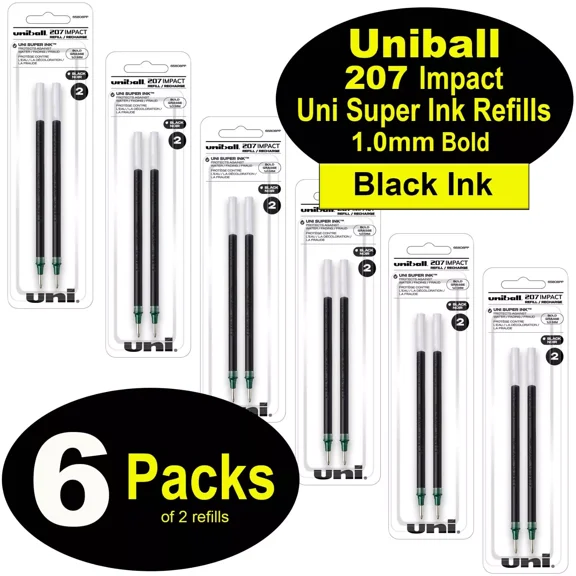 FABLE- Uniball 65808Pp 207 Impact Refills, Black Gel Ink, 1.0Mm Bold Point, 6 Packs