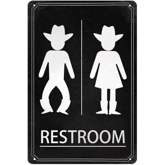 FABSURE Funny Cowboy Cowgirl Bathroom Metal Tin Signs, Rustic Western Themed Signs Farmhouse Metal Wall Decor Vintage Restroom Novelty Gift 8X12Inch