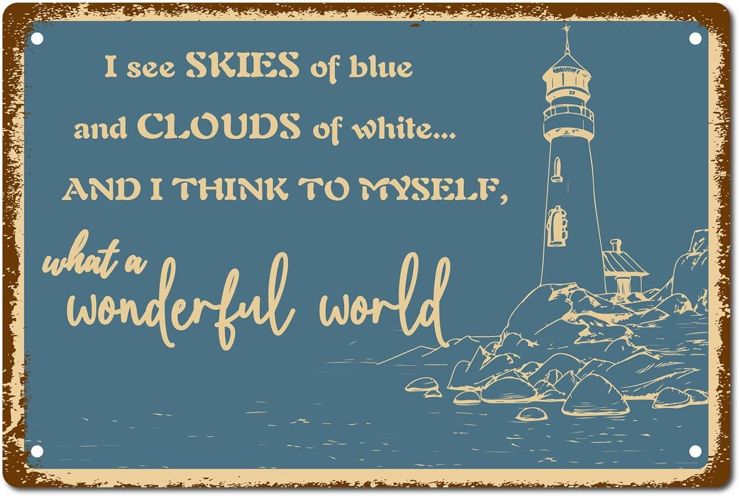 FABSURE Lighthouse Beach Tin Sign, Wonderful World Metal Tin Sign Wall