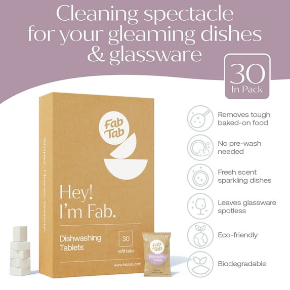 FABTAB Eco-Friendly Dishwashing Tablets - Plastic-Free, Organic, Plant-Based, Non-Toxic Dishwasher Detergent - 30 Biodegradable Tablets