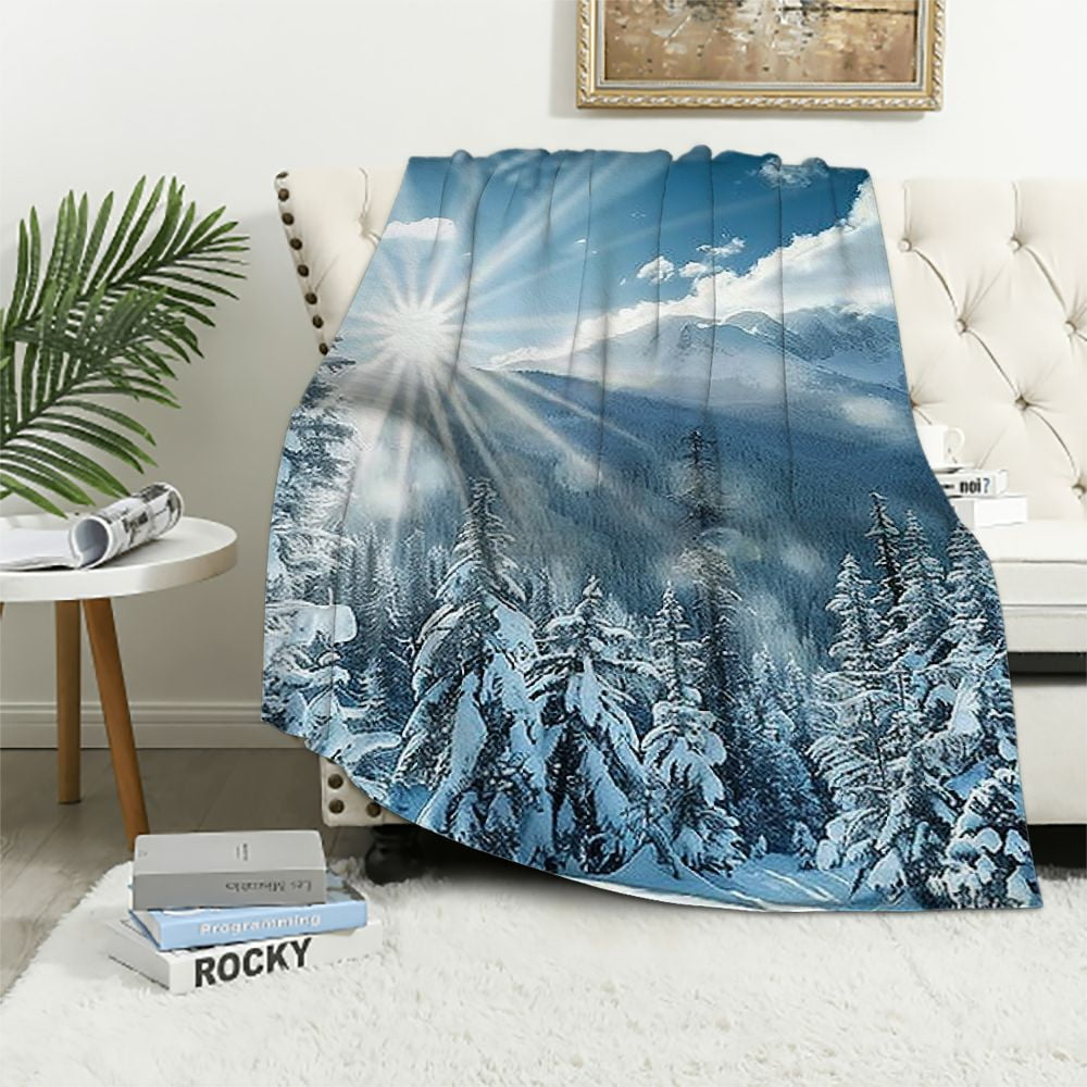 FACANNAP Snowy Mountain Trees Sunbeam Flannel Throw Blanket for All Seasons Soft Plush Blankets 60x80in