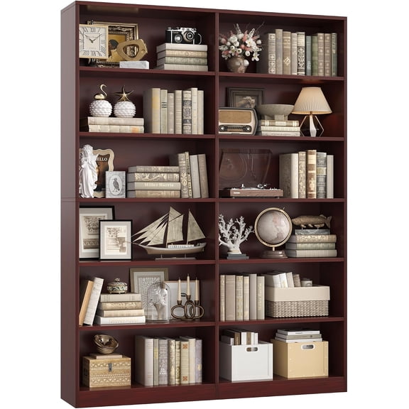FACBOTALL Bookshelf and Bookcase, 6-Tier Double Wide Bookshelves,Freestanding Display Storage Shelves, Tall Bookcases for Home Decor Bedroom, Living Room, Home Office, Cherry