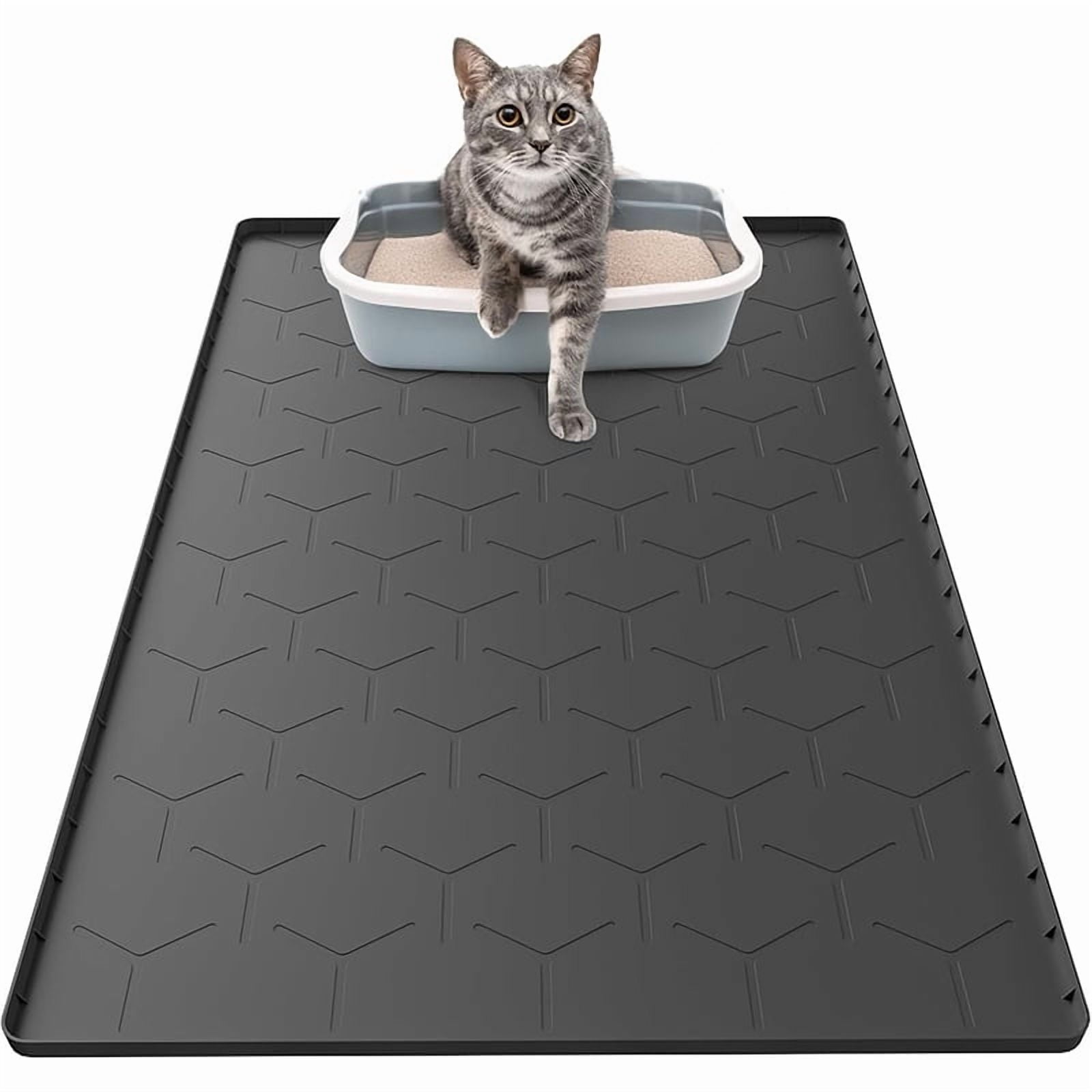 FACCAIL Silicone Cat Litter Trapping Mat, Waterproof/Urineproof Cat Litter Box Mat, Cat Litter-Collecting Pad for Floor, Soft & Pet-Friendly (34"x 22"- Black)