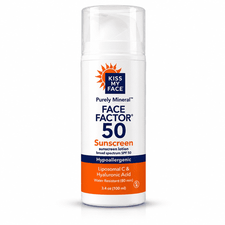 Kiss My Face Purely Mineral Face Factor SPF 50, Broad Spectrum Non-Nano Zinc Oxide Mineral Face Sunscreen, Anti-Aging Peptides, Vitamin C & Hyaluronic Acid, Lightweight Daily SPF