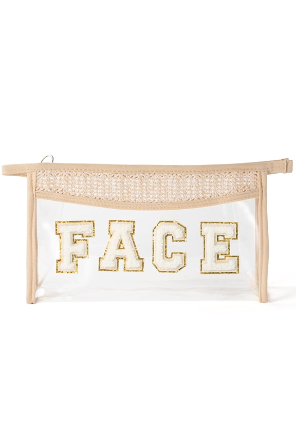 FACE Makeup Bag Large Storage Bag Toiletry Bag for Travel Supplies, Beige Straw Triangle Bag Patch Letter Zipper Bag for Women Girls