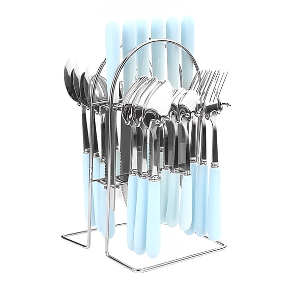 FACEGA 24-Pcs Stainless Steel Flatware Set for 7 People Includes Chic Holder for Organized Storage- Silver,Blue