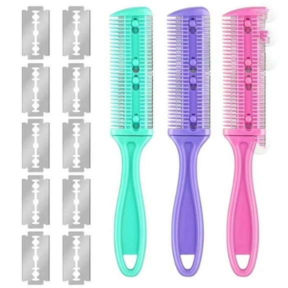 FACEGA 3Pcs Hair Brush Lightweight Razor Comb with 10 Stainless Steel Blade Versatile Barber Accessories,Purple&Rose&Green