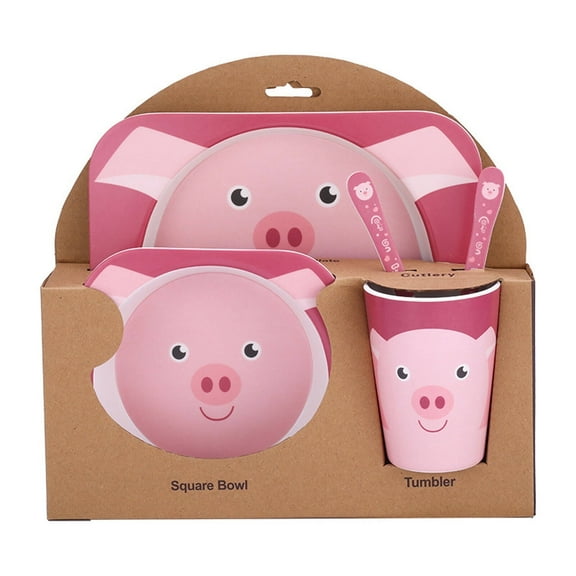 FACEGA 5Pcs Bamboo Kids Dinnerware Set,Creative Design Food Plate,Cartoon Pattern Cartoon Tableware,Style2