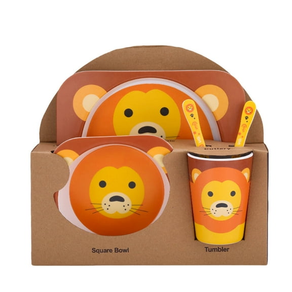 FACEGA 5Pcs Bamboo Kids Dinnerware Set,Safe for Kids Food Plate,Peace of Mind Cartoon Tableware,Style5