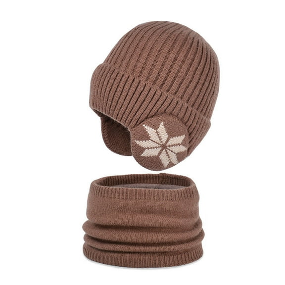 TELOLY Baby Hats,Knitting Wool Baby Beanie,Velvet Neck Suit Hat Scarf Set,Coffee