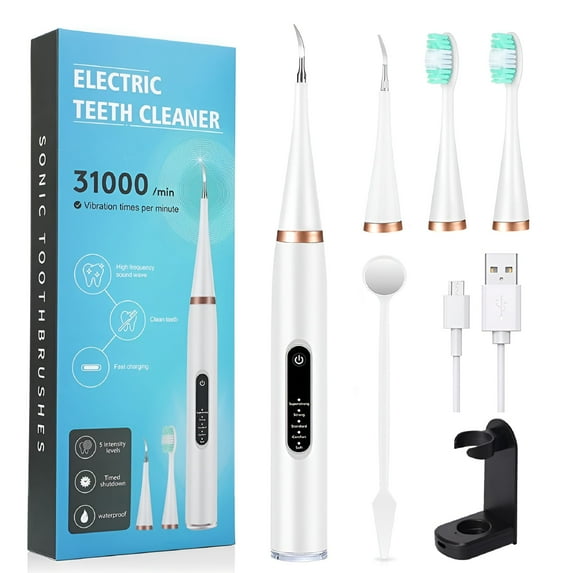 FACEGA Dental Tartar Calculus Plaque Remover with Mouth Mirror,Tooth Scraper Polisher with 2 Replacement Heads and 5 Modes,Professional Dental Scaler Teeth Cleaning Tool Kit,White
