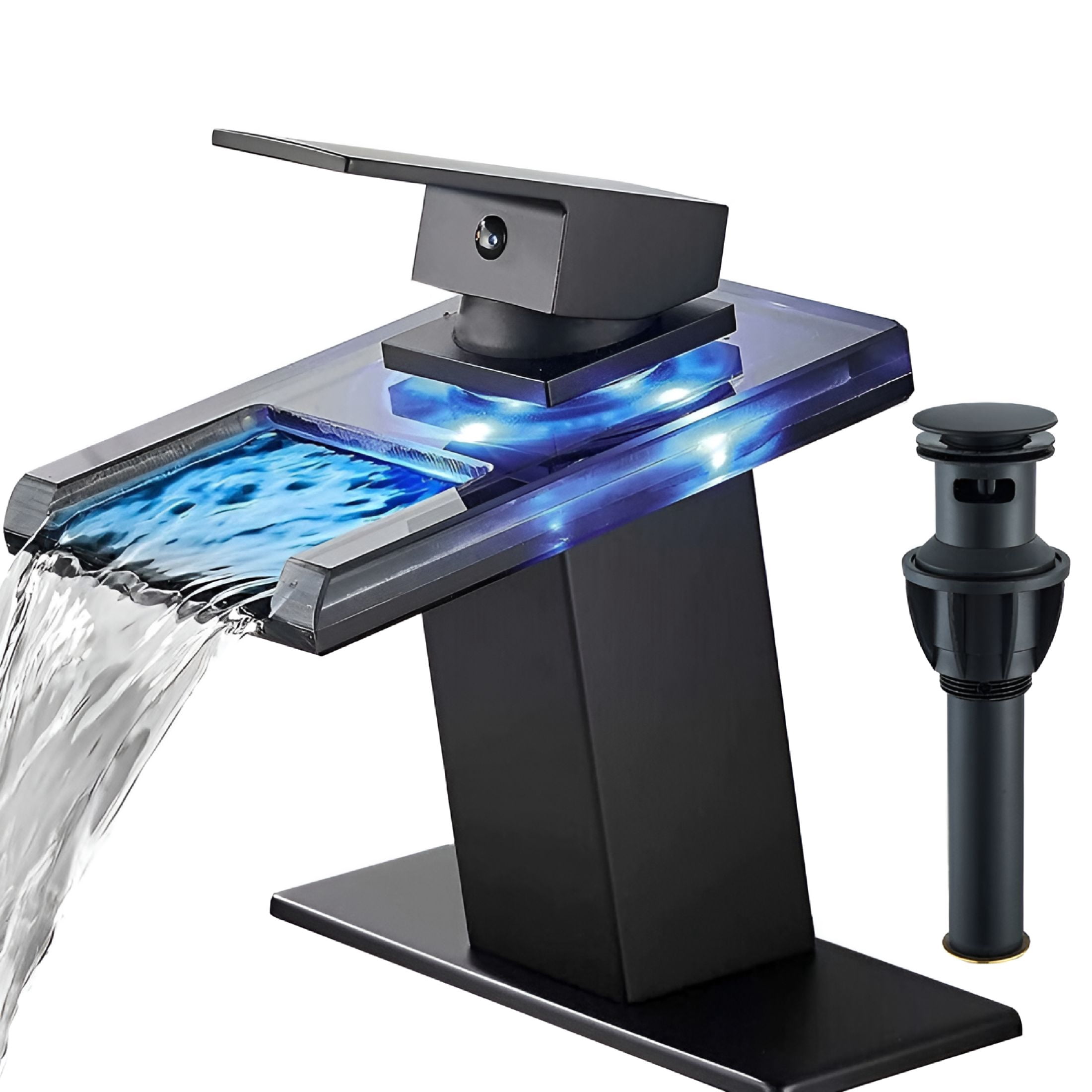 LED Waterfall Bathroom Sink Faucet – Gunmetal Gray Brass Mixer With 3-Color Changing Glass Spout & Water-Powered Lights