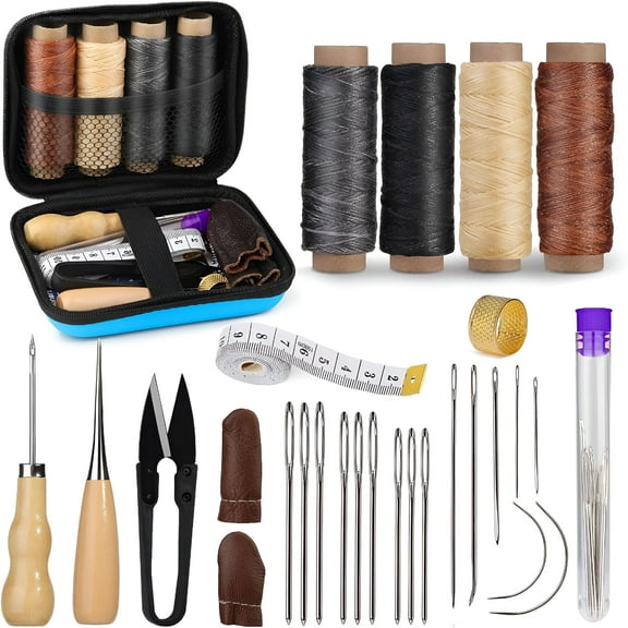 FACEGA Leather Sewing Kit,Leather Working Tools and Supplies,Leather Working Kit with Large-Eye Stitching Needles,Waxed Thread,Leather Upholstery Repair Kit,Leather Sewing Tools for DIY Leather Craft