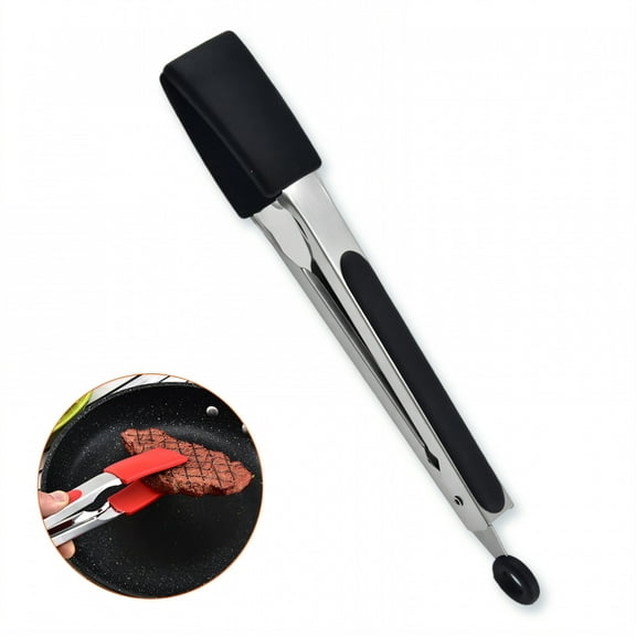 FACEGA Metal Tongs,Square Silicone Tong Tip Stainless Steel Bbq Tongs,Locking Ring 10" Cooking Tongs,For Baking, Picking Up Food, Picking Up Bread,Black