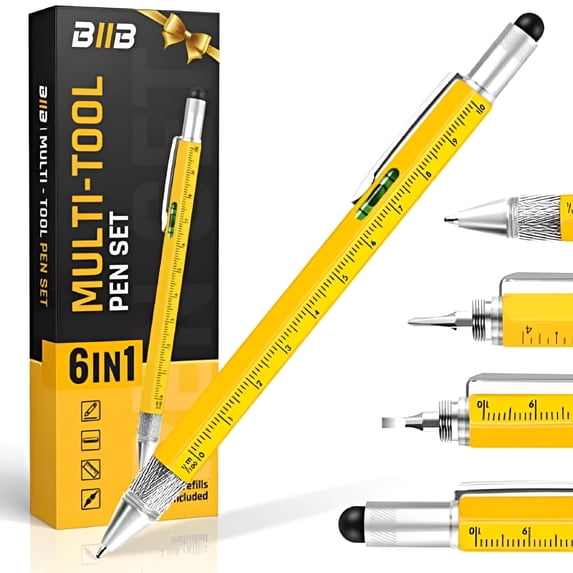 6-in-1 Multitool Pen – Cool Gadget Gift For Men, Women, Dad, Husband, With Stylus, Level, Ruler & Screwdrivers (Yellow)