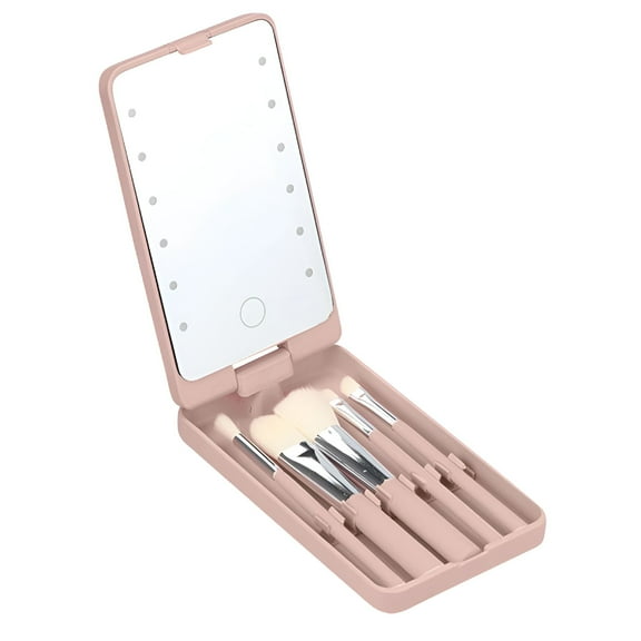 FACEGA Travel Makeup Brush Set With LED Light Mirror, 5pcs Makeup Brush Set With LED Mirror Case, Rechargeable Folding Makeup Mirror