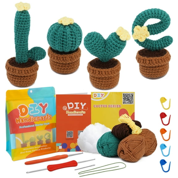 FACEGA UzecPk Beginners Crochet Kit, 4 Styles Cactus Crochet Kit for Beginers and Experts,Step-by-Step Instructions Video(Dark Green)