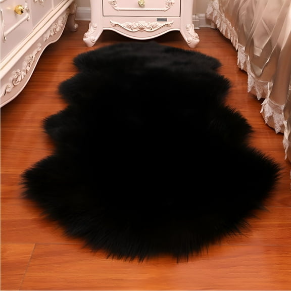 FACEGA Washable Non Slip Long Hair Carpet Imitation Wool Floor Protection Soft Rugs Faux Fur Sheepskin Rug Bedroom Mats BLACK 40X60CM