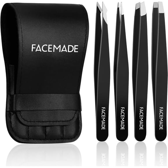 FACEMADE 4 Pcs Tweezers Set, Stainless Steel Hair Removal Makeup Tool, Gift, Black