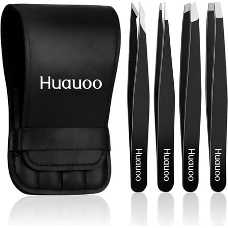 4 Pcs Tweezers Set, Stainless Steel Hair Removal Makeup Tool, Gift, Black