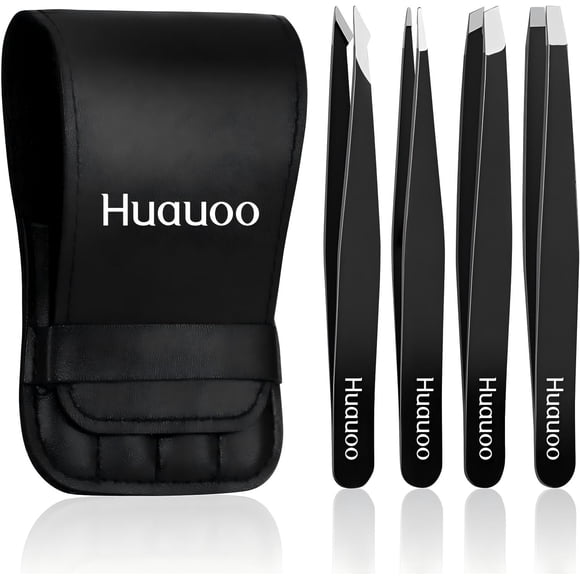 4 Pcs Tweezers Set, Stainless Steel Hair Removal Makeup Tool, Gift, Black