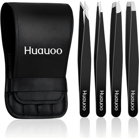 4 Pcs Tweezers Set, Stainless Steel Hair Removal Makeup Tool, Gift, Black