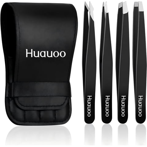 4 Pcs Tweezers Set, Stainless Steel Hair Removal Makeup Tool, Gift, Black